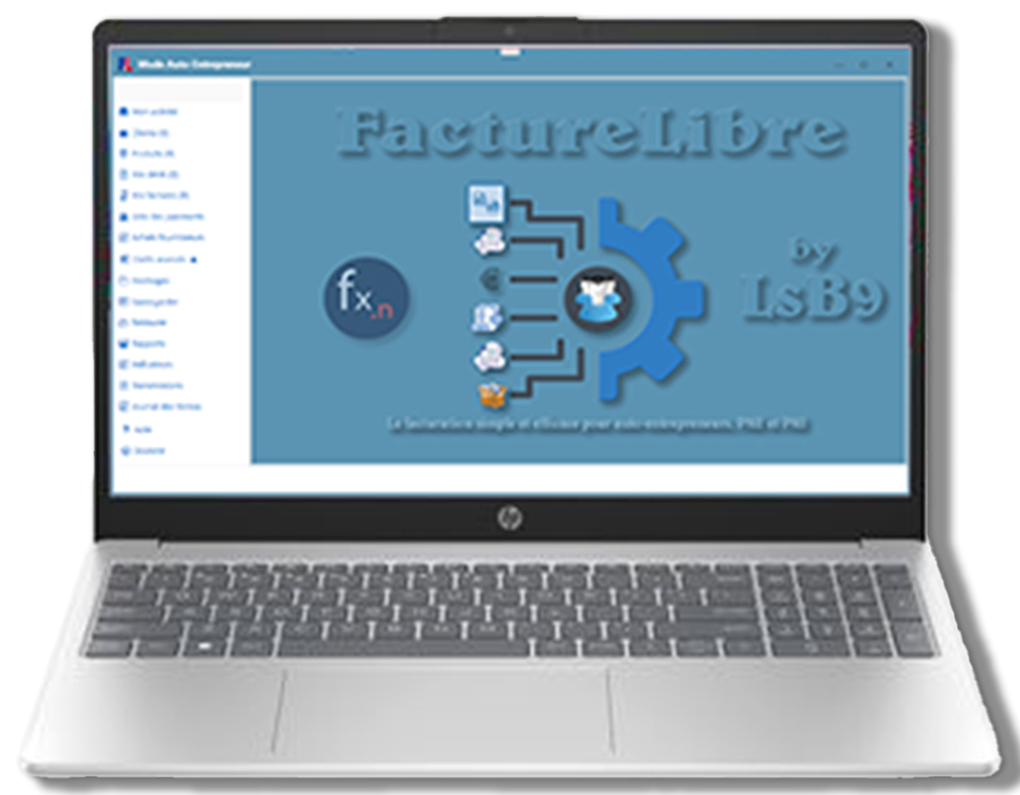 Interface FactureLibre sur ordinateur — création de facture, relances et exports